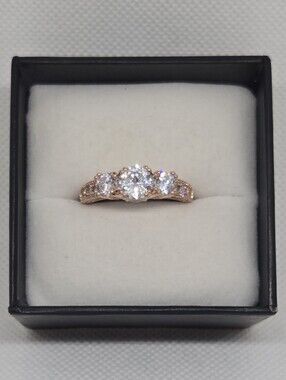 Rose Gold Tone Three Stone CZ Ring Milgrain Band Size 10